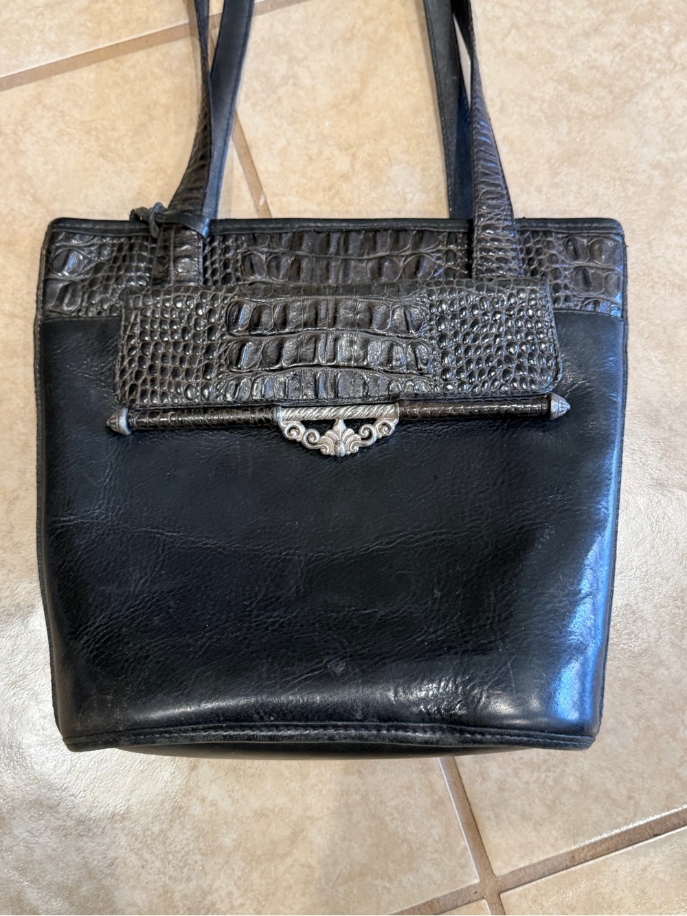 Brighton Black Leather Shoulder Tote with Croc-Textured Trim